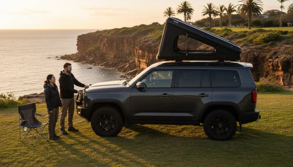 A man and woman stand by a dark SUV with a rooftop tent, parked on grass near a cliff overlooking the ocean at sunset. A folded camping chair is beside them, with palm trees and rocky coastline in the background.