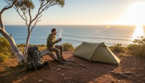 A person sits on a log next to a tent and backpack, sipping a hot drink while overlooking the ocean at sunrise or sunset on a cliffside campsite surrounded by trees and shrubs.