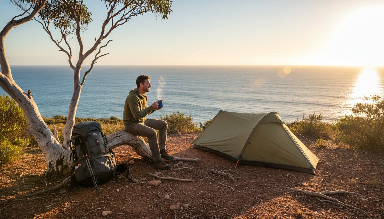 A person sits on a log next to a tent and backpack, sipping a hot drink while overlooking the ocean at sunrise or sunset on a cliffside campsite surrounded by trees and shrubs.