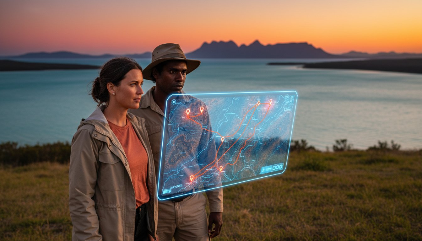 Two people in outdoor gear stand on a grassy hill at sunset, looking at a floating digital map interface with location markers, overlooking a scenic lake and distant mountains.
