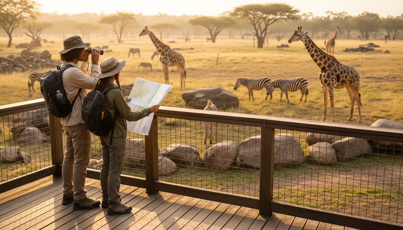 Two people in safari gear stand on a wooden deck, one looking through binoculars and the other holding a map, observing giraffes and zebras grazing on a grassy plain with trees in the background.