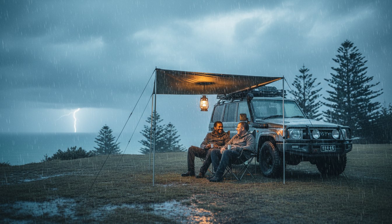 Two people sit under a canopy attached to a parked SUV in the rain, illuminated by a lantern, with a distant lightning bolt and pine trees visible against a cloudy sky in the background.