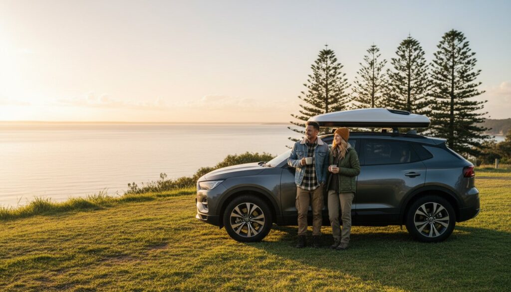 A man and woman stand beside a parked SUV with a rooftop cargo box, overlooking a scenic coastline at sunset. Pine trees are in the background and the couple appears relaxed, enjoying the view.