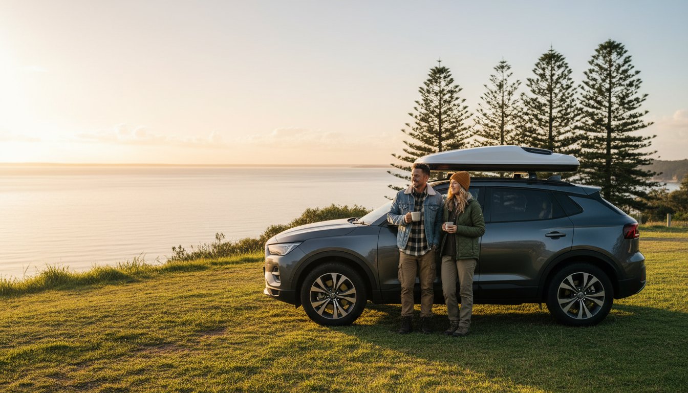 A man and woman stand beside a parked SUV with a rooftop cargo box, overlooking a scenic coastline at sunset. Pine trees are in the background and the couple appears relaxed, enjoying the view.