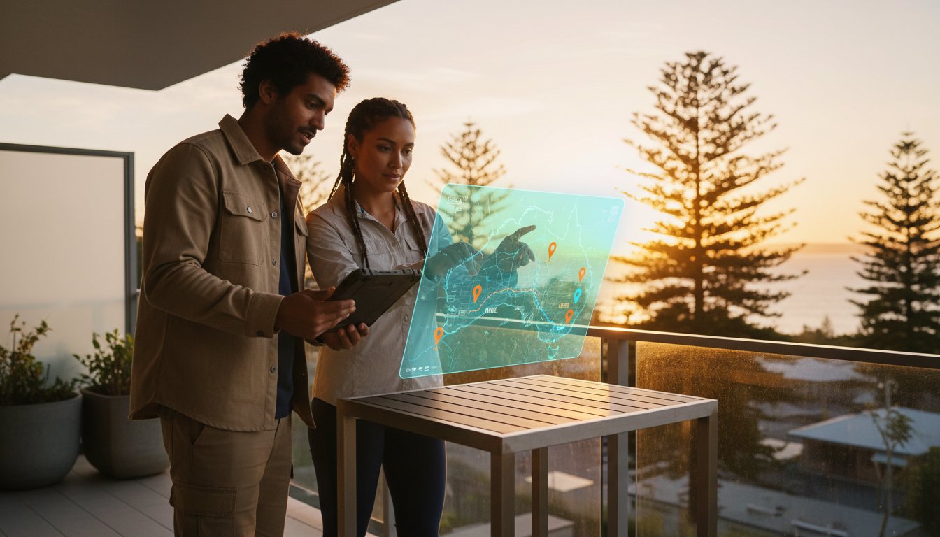 Two people stand on a balcony at sunset, interacting with a transparent digital screen displaying a map with location markers; trees and the ocean are visible in the background.
