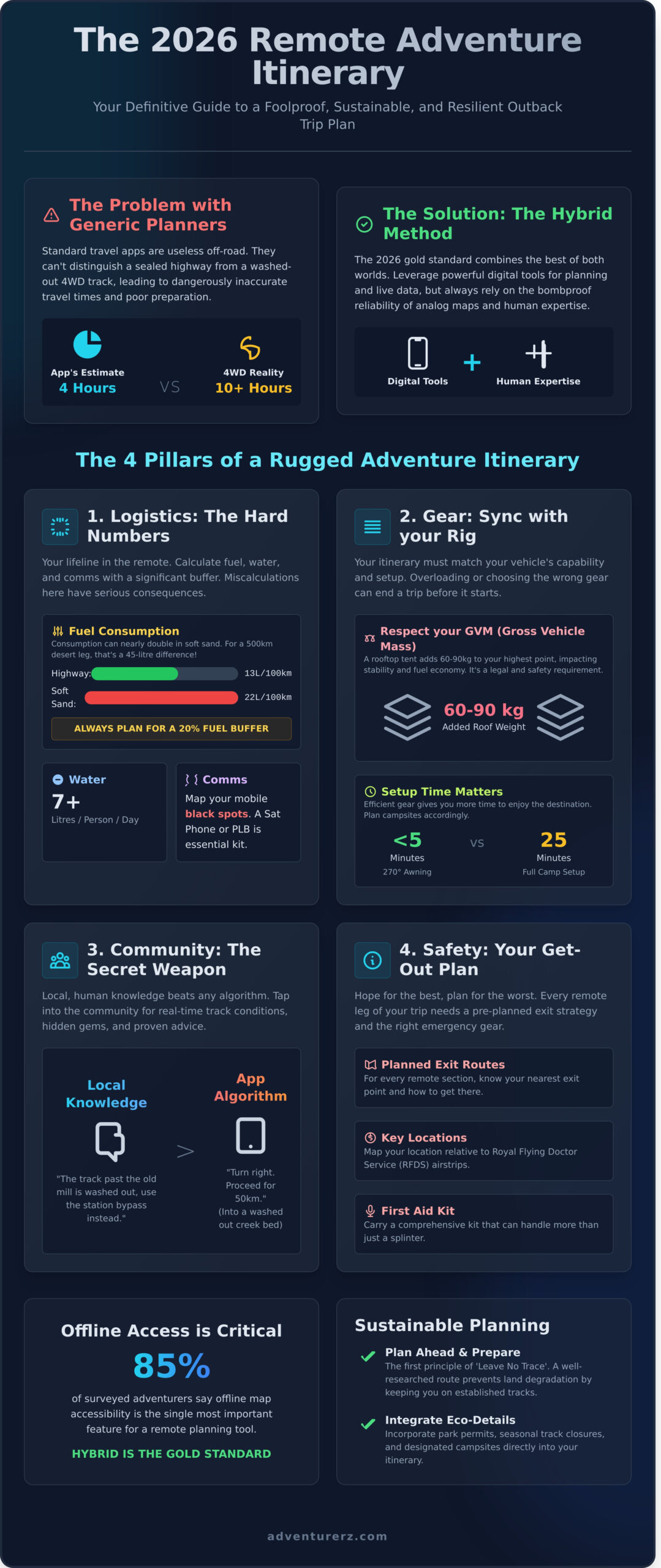 Infographic titled "The 2026 Remote Adventure Itinerary," detailing a hybrid trip planning method with four pillars: logistics, vehicle gear, community, and safety, plus stats on fuel, local knowledge, and emergency preparedness.