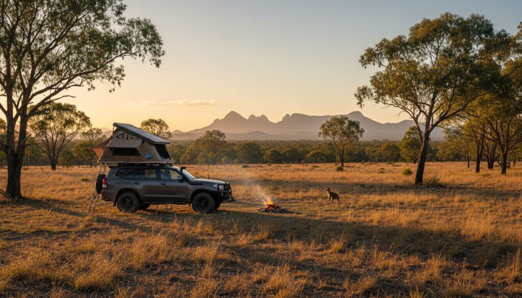 A car with a rooftop tent is parked on dry grassland at sunset. A campfire burns nearby, and a kangaroo stands close. Trees surround the scene, with distant mountains under a golden sky in the background.