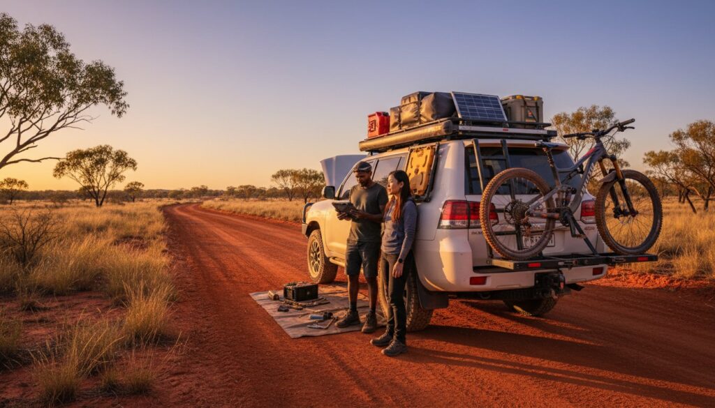 Two people stand by an off-road vehicle on a red dirt road at sunset, surrounded by dry grass and trees. The vehicle carries camping gear, solar panels, and a bicycle. Tools and supplies are laid out on a mat.