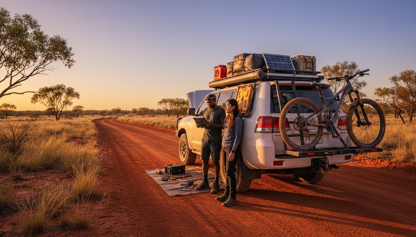 Two people stand by an off-road vehicle on a red dirt road at sunset, surrounded by dry grass and trees. The vehicle carries camping gear, solar panels, and a bicycle. Tools and supplies are laid out on a mat.