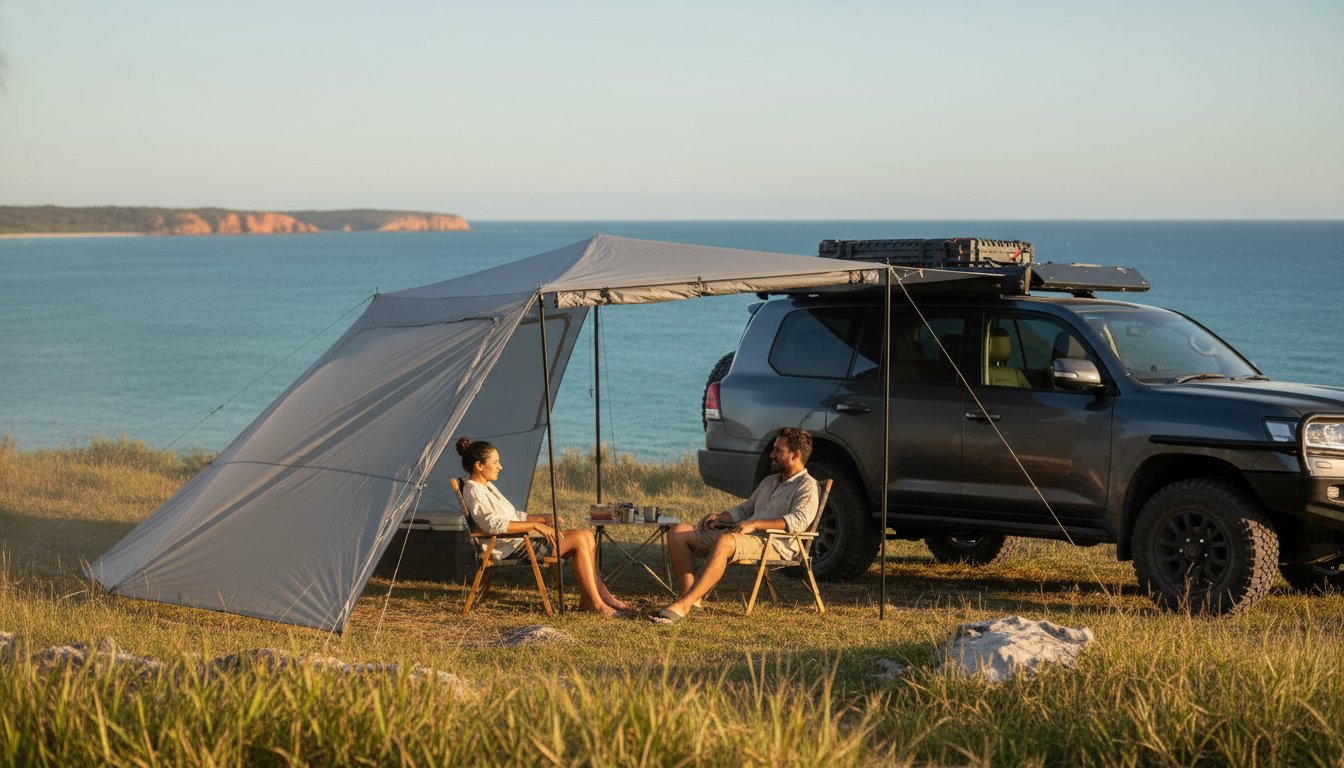 Two people sit in camping chairs under an awning attached to a parked SUV, overlooking the ocean and cliffs in the distance on a sunny day. Camping gear is visible on the roof of the vehicle.