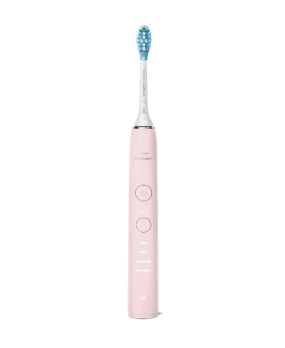 a pink electric toothbrush on a white background.