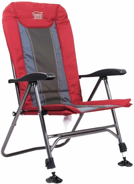 a red and gray camping chair with wheels.