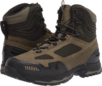 a pair of black and brown hiking boots.