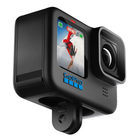 A travel camera with a picture of a snowboarder taken by GoPro.
