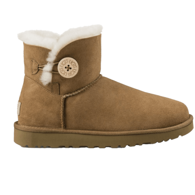a brown ugg boot with a button on the side.