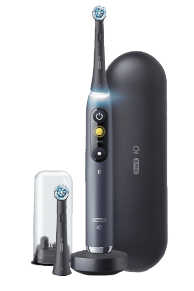 a black electric toothbrush next to a white electric toothbrush.